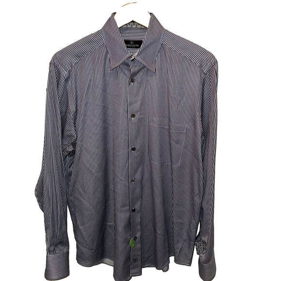 Bugatchi Uomo Shirt Mens M Brown Blue Striped Long Sleeve Flip Cuffs 100% Cotton - Picture 1 of 12